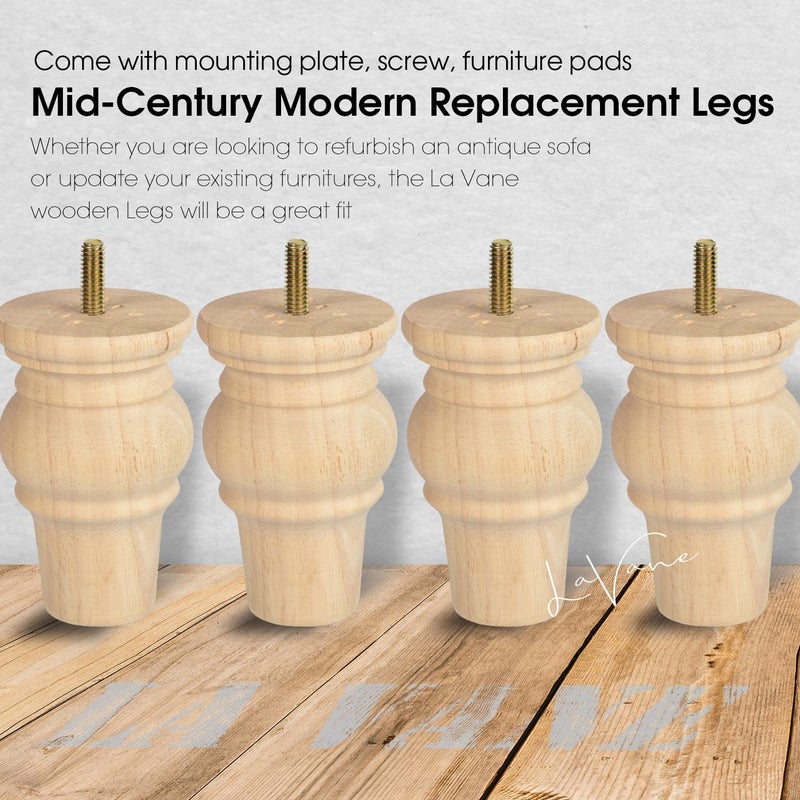 La Vane 4 inch / 10cm Unfinished Wooden Furniture Legs, 4PCS Soild Wood Turned Spindle Replacement Bun Feet with Pre-Drilled M8 Inch Bolt & Mounting Plate for Sofa Couch Chair Ottoman - Image 2